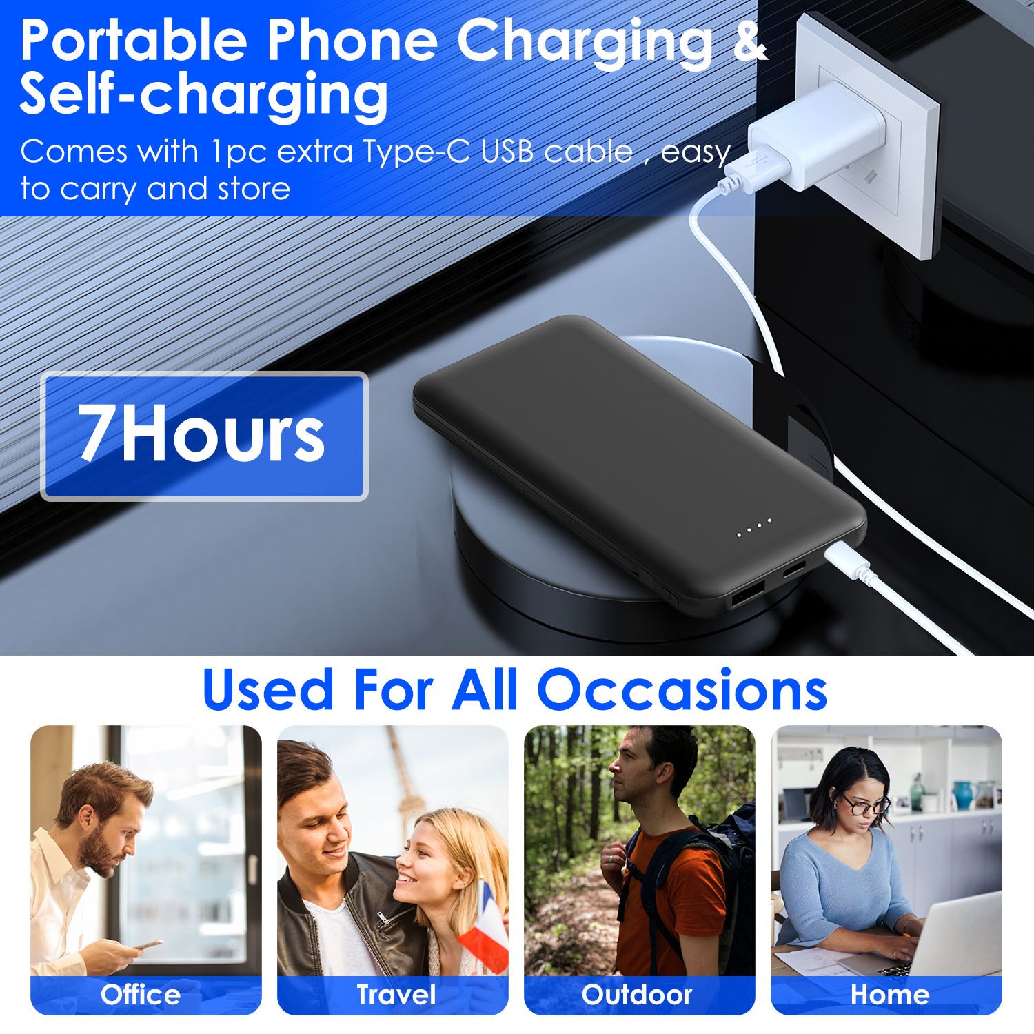 1Pc 10000mAh Power Bank Portable Phone Charger External Battery Pack With LT And Type C Double Ended Cable Type C USB Cable Fit For IOSPhone 14 Android And More - Image 9