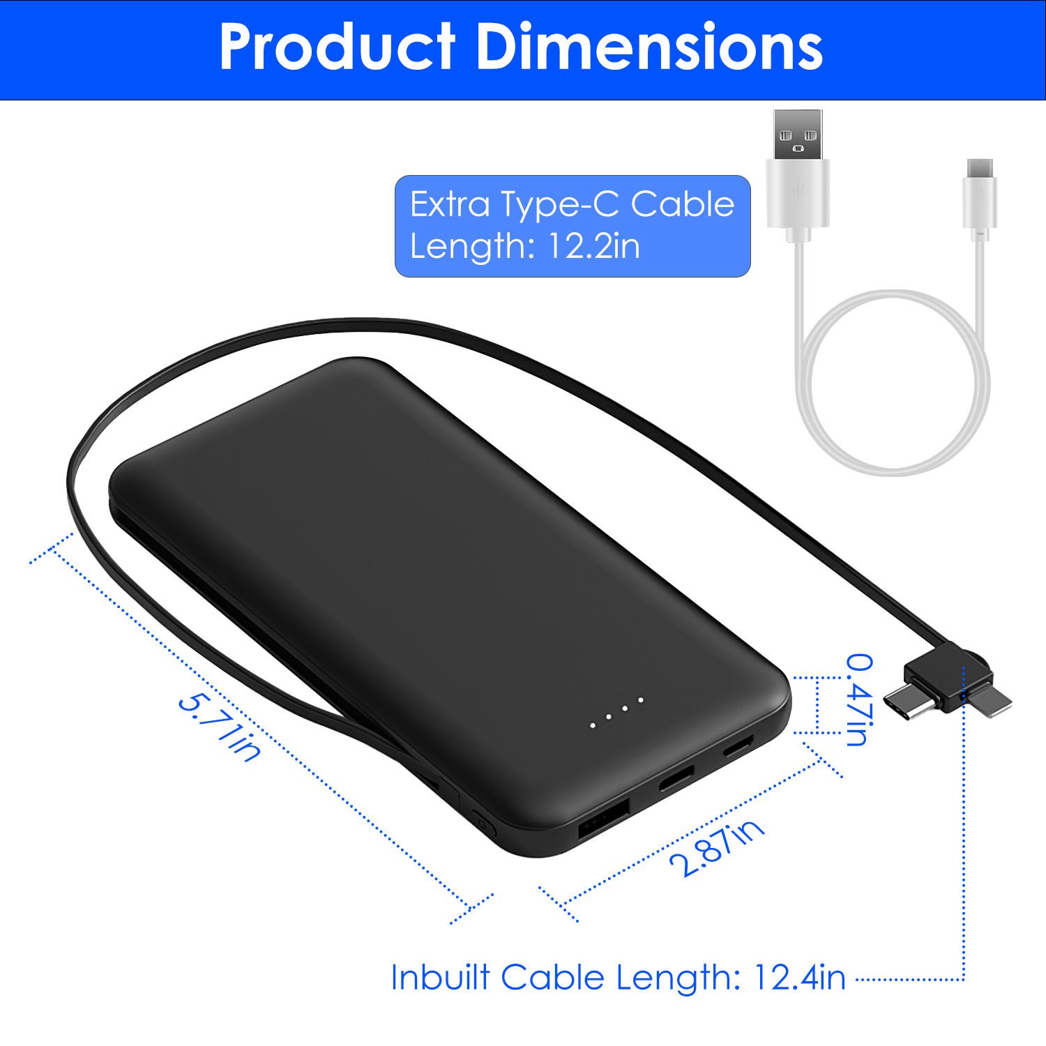 1Pc 10000mAh Power Bank Portable Phone Charger External Battery Pack With LT And Type C Double Ended Cable Type C USB Cable Fit For IOSPhone 14 Android And More - Image 4