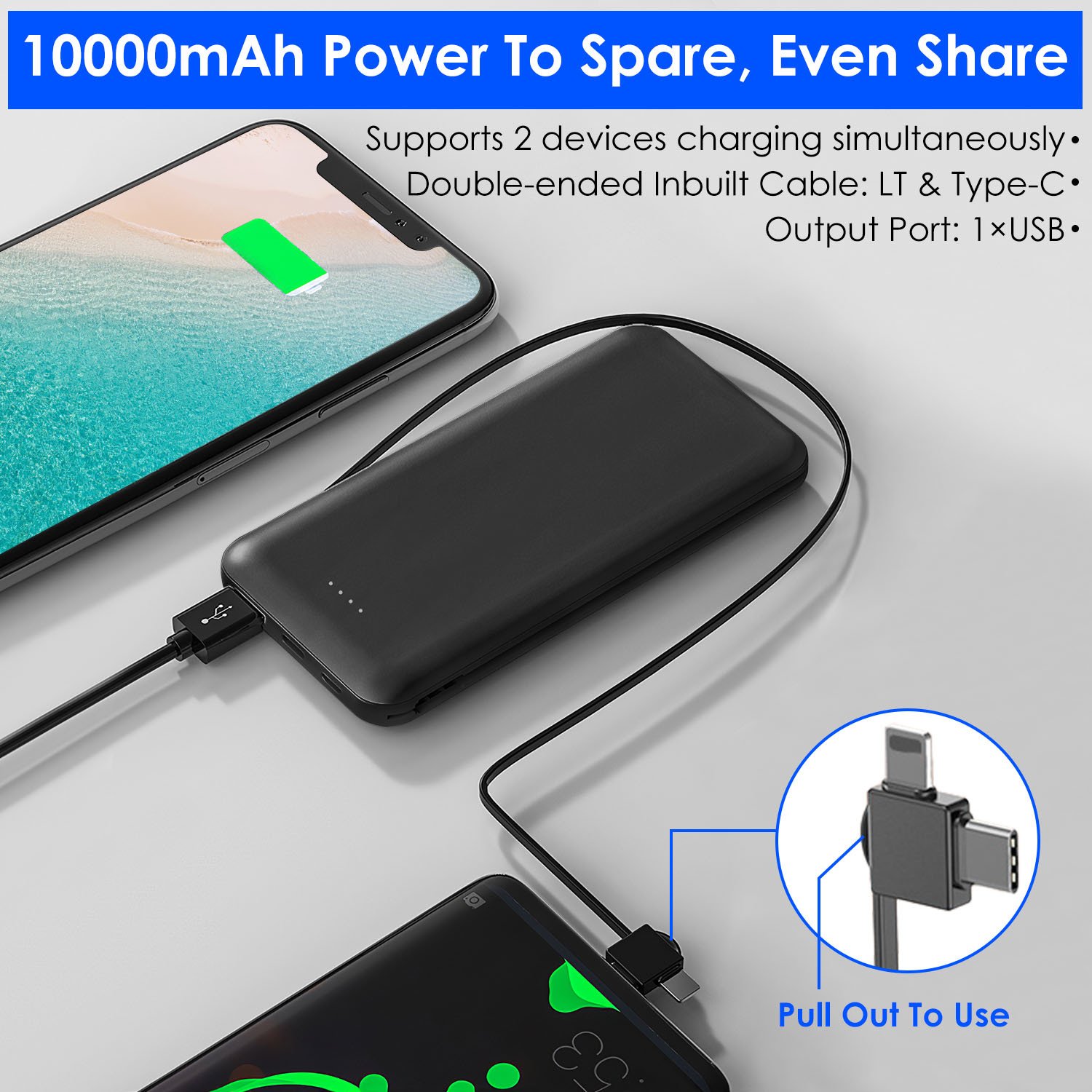1Pc 10000mAh Power Bank Portable Phone Charger External Battery Pack With LT And Type C Double Ended Cable Type C USB Cable Fit For IOSPhone 14 Android And More - Image 7